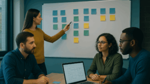 Design Sprint avec tableau de post-its et présentation