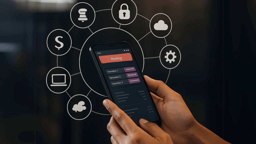 Smartphone affichant une interface de routage de paiements, tenu par une main devant un écran illustrant l’écosystème digital du paiement (sécurité, cloud, terminaux, etc.), symbolisant l’orchestration des paiements devenue un levier stratégique pour les marchands
