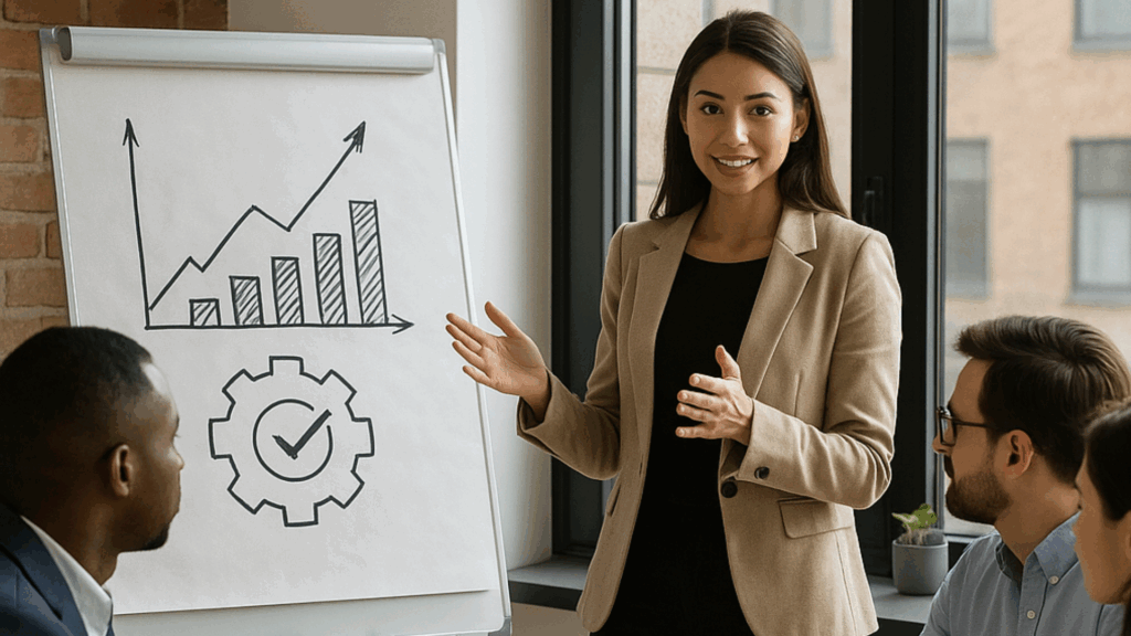 Réunion professionnelle illustrant l’appropriation du changement avec une cheffe de projet présentant devant une équipe attentive dans un bureau moderne