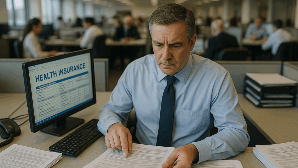 Un gestionnaire en assurance santé concentré sur des dossiers de contrats, devant un écran affichant "Health Insurance", illustrant la complexité administrative et l’opportunité d’optimiser ces processus par l’externalisation.