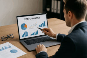 Homme d’affaires en costume analysant des graphiques de performance sur un ordinateur portable, montrant des diagrammes en barres, camemberts et courbes de progression.