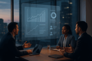 Réunion d’équipe dans une salle de réunion moderne du secteur financier, analysant un tableau de bord digital avec graphiques de performance, symbolisant la réussite d’un projet de transformation digitale grâce à une méthode de gestion de projet collaborative.