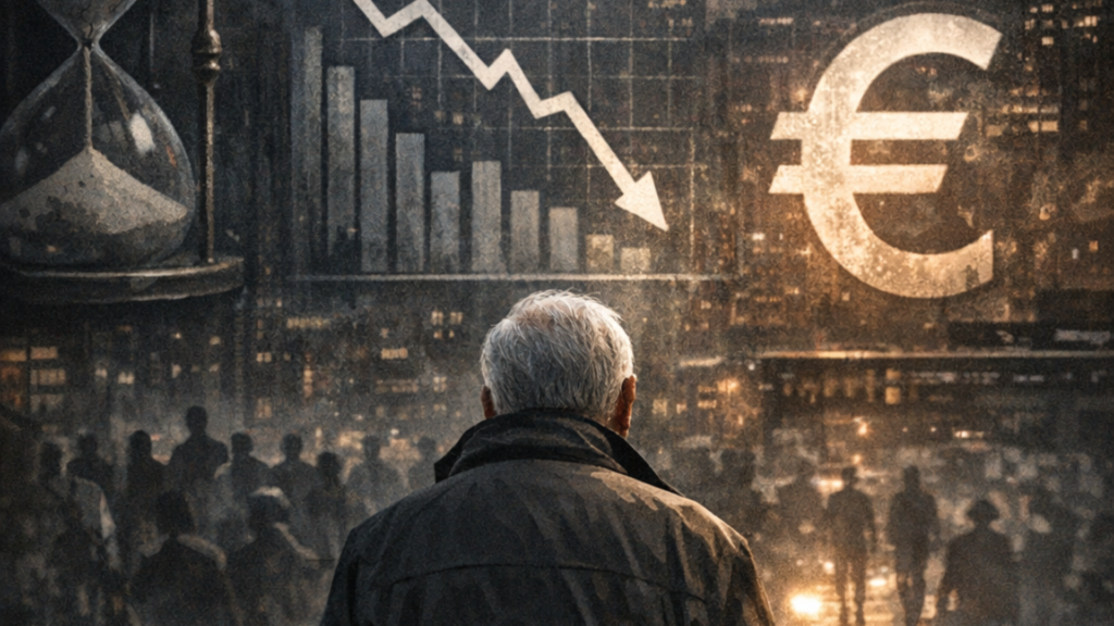 Un homme âgé vu de dos fait face à une foule dans une ville sombre, avec des graphiques économiques en baisse, un symbole de l’euro, un sablier et des pièces, évoquant une crise économique et l’incertitude sociale.